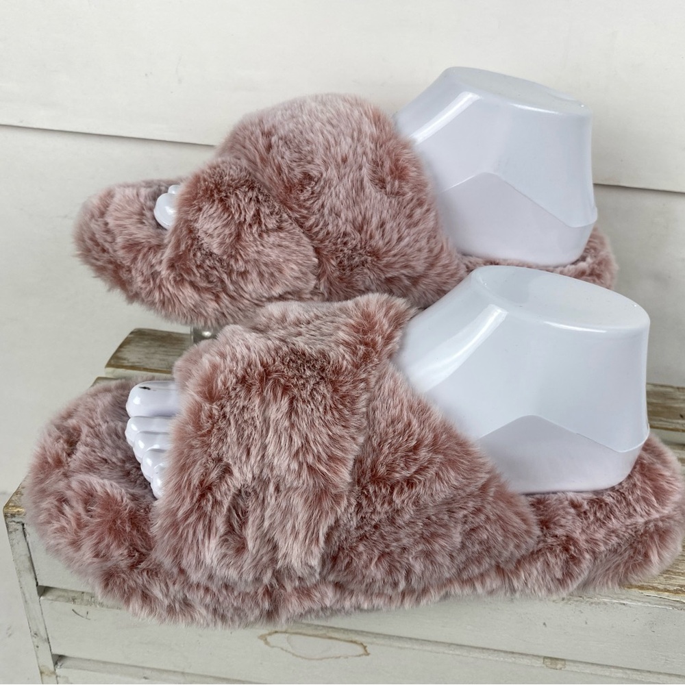 Jessica Simpson fluffy faux fur cross-band slide slippers in mauve pink Sz M 7-8 - Picture 3 of 8